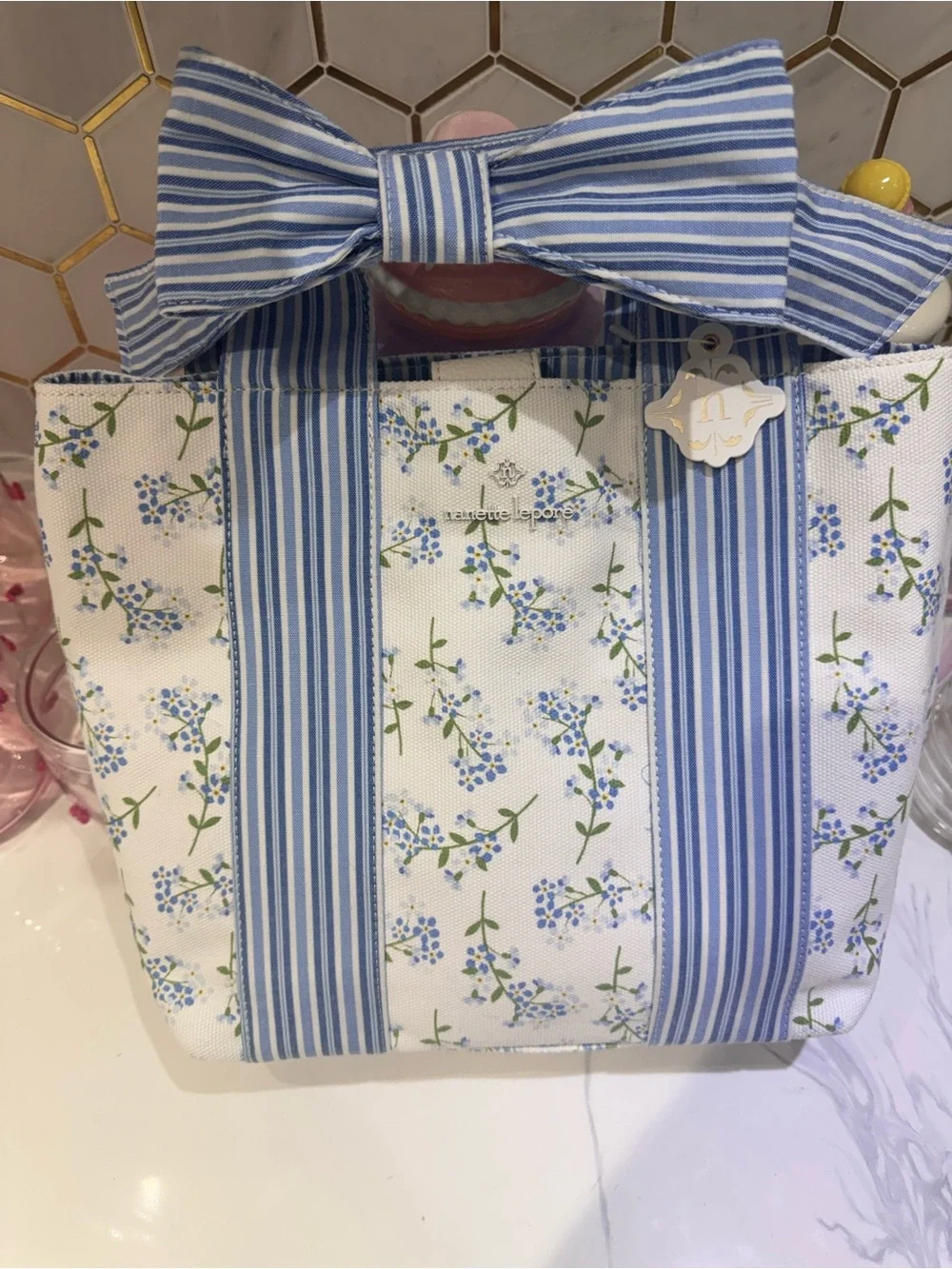 Nanette Lepore Blue and White Floral Stripe Bow Tote